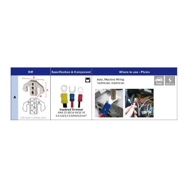 Crimping Die A | For Insulated End Terminals 22-18/16-14/12-10 AWG