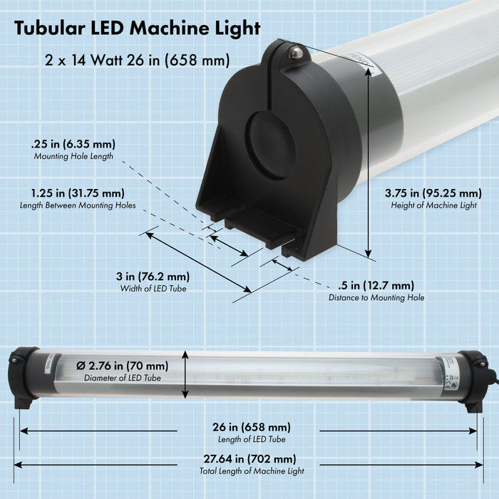 Tubular LED Machine Light 2 x 14 Watt 26 in (658 mm) with Glass Diffuser Lens