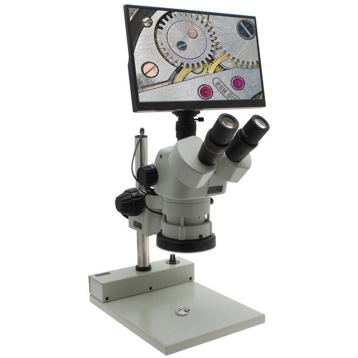 Stereo Zoom Trinocular Microscope DSZV-44  [10x-44x] on Post Stand with Integrated Monitor/Camera & LED Light