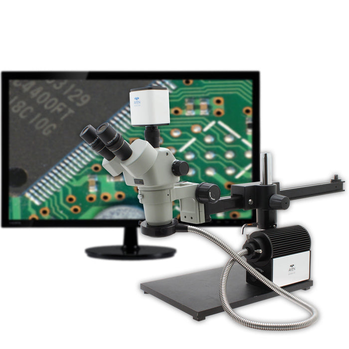 Stereo Zoom Trinocular Micrsocope SPZV-50  [6.7x-50x] on Ultra Glide Boom Stand, FOI with Mighty Cam Pro