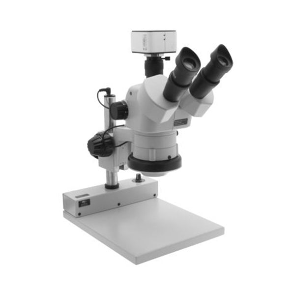 Stereo Zoom Trinocular Microscope SPZV-50 [6.75x-50x] on Post Stand with Integrated Light and USB 6M Camera