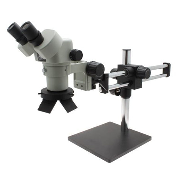 SPZ-50 Stereo Zoom Microscope with OLED Ring Light and Double Arm Boom Stand