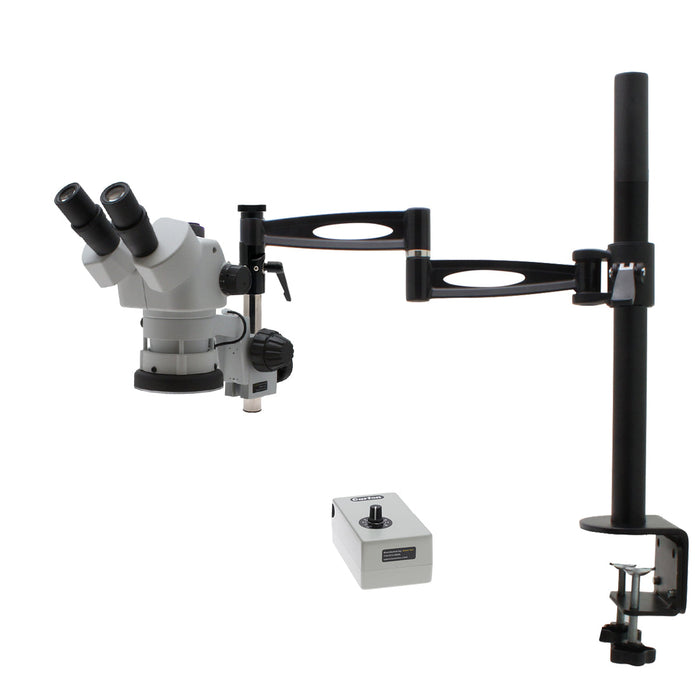 Stereo Zoom Trinocular Microscope SPZV-50 [6.7x – 50x] on Compact Articulating Arm Stand with LED Ring Light and Tiltable Arbor