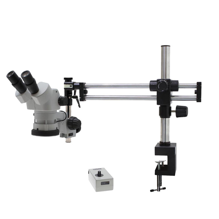 Stereo Zoom Binocular Microscope SPZ-50 [6.7x – 50x] on Double Arm Boom Stand with Table Clamp