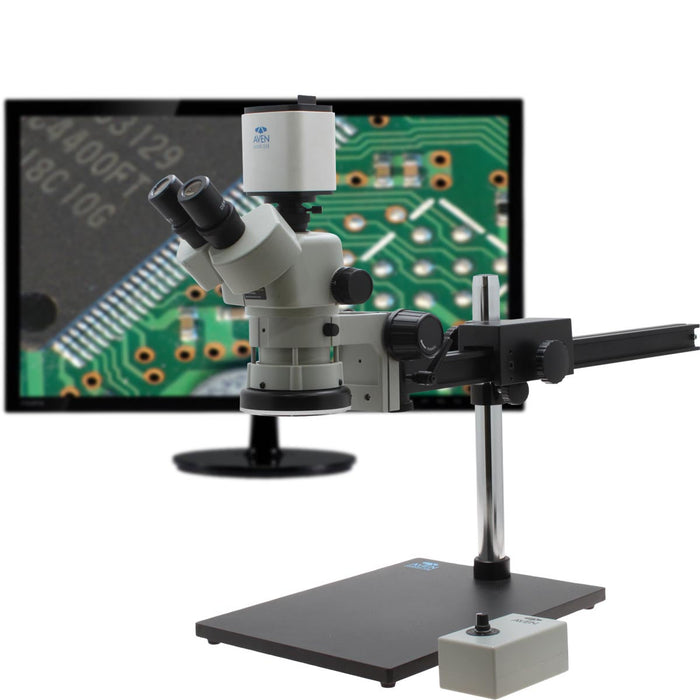 Stereo Zoom Trinocular Microscope SPZV-50 [6.7x – 50x] With Mighty Cam Pro Auto Focus Camera on Ultra-Glide Stand