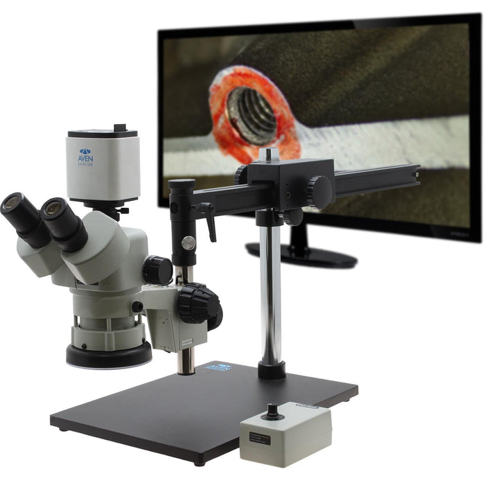 Stereo Zoom Microscope SPZV-50 [6.7x - 50x] on Ultra Glide Stand with Tiltable Arbor and Mighty Cam Pro Auto Focus Camera
