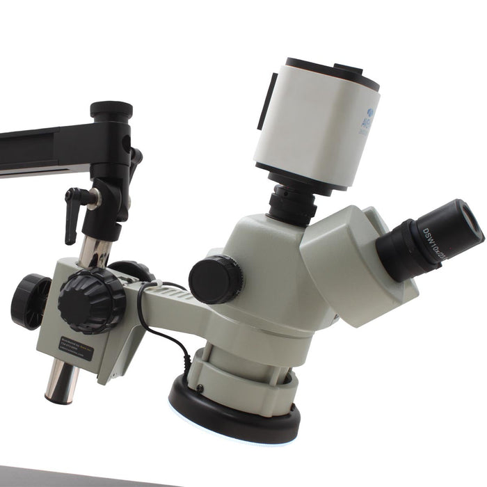 Stereo Zoom Microscope SPZV-50 [6.7x - 50x] on Ultra Glide Stand with Tiltable Arbor and Mighty Cam Pro Auto Focus Camera