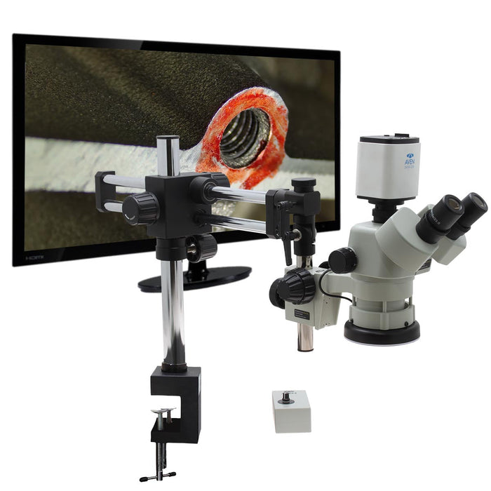 Stereo Zoom Microscope SPZV-50 [6.7x-50x] with Mighty Cam Pro Auto Focus Camera on DABS Stand with Table Clamp, LED Focus Mount, and Tiltable Arbor