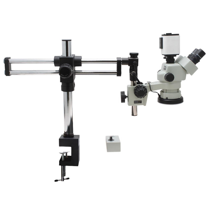 Stereo Zoom Microscope SPZV-50 [6.7x-50x] with Mighty Cam Pro Auto Focus Camera on DABS Stand with Table Clamp, LED Focus Mount, and Tiltable Arbor