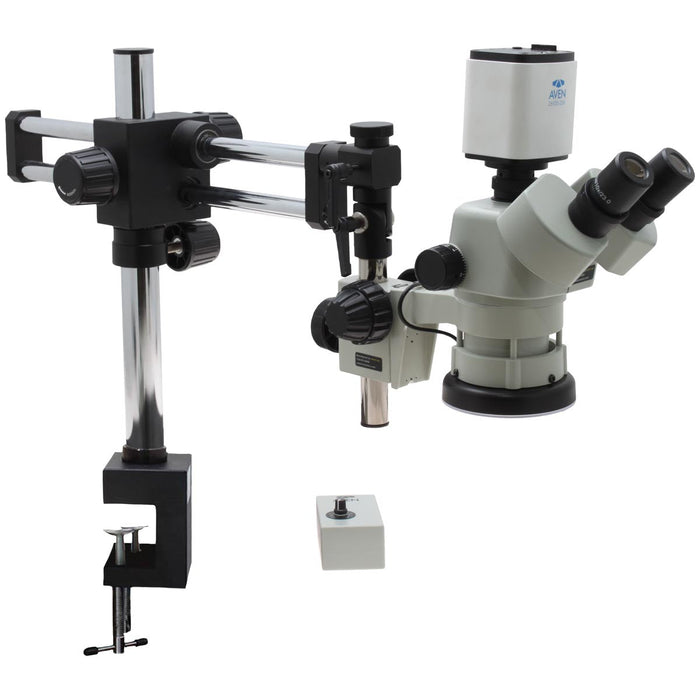 Stereo Zoom Microscope SPZV-50 [6.7x-50x] with Mighty Cam Pro Auto Focus Camera on DABS Stand with Table Clamp, LED Focus Mount, and Tiltable Arbor