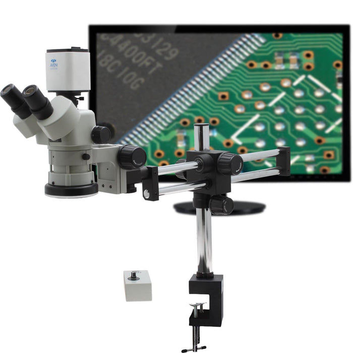 Stereo Zoom Trinocular Microscope SPZV-50 [6.7x – 50x] with with Mighty Cam Pro Auto Focus Camera, DABS Table Clamp Stand, LED Focus Mount, and HD Monitor