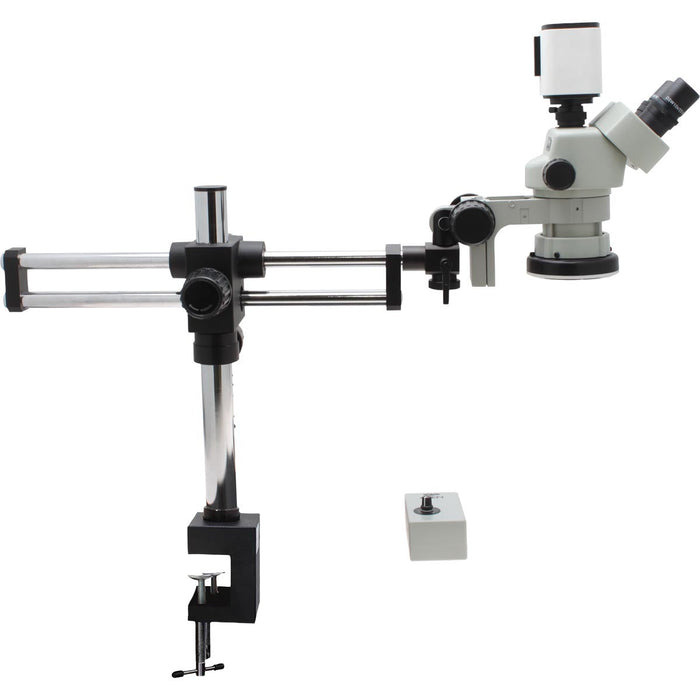 Stereo Zoom Trinocular Microscope SPZV-50 [6.7x – 50x] with with Mighty Cam Pro Auto Focus Camera, DABS Table Clamp Stand, LED Focus Mount, and HD Monitor