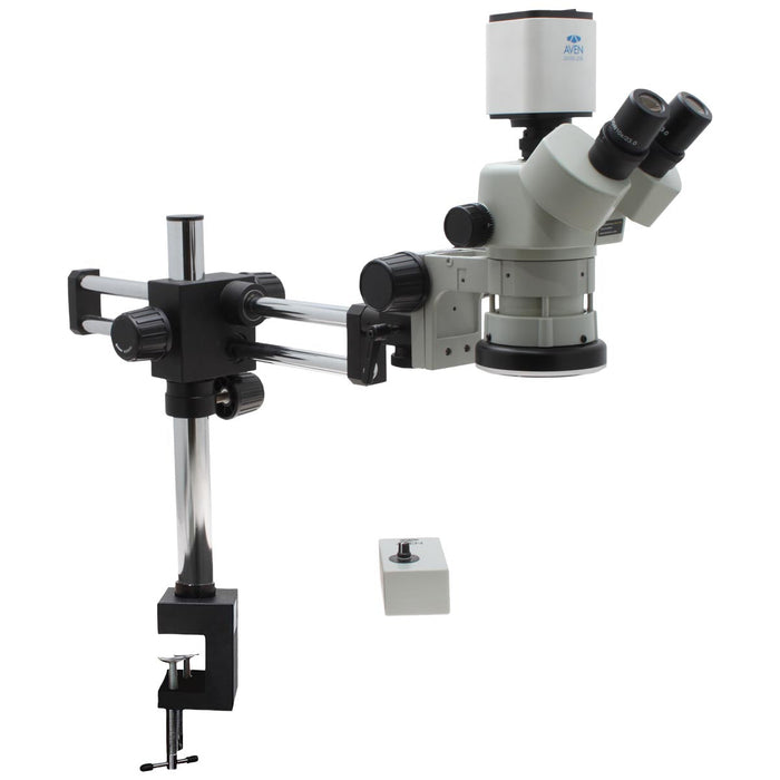 Stereo Zoom Trinocular Microscope SPZV-50 [6.7x – 50x] with with Mighty Cam Pro Auto Focus Camera, DABS Table Clamp Stand, LED Focus Mount, and HD Monitor