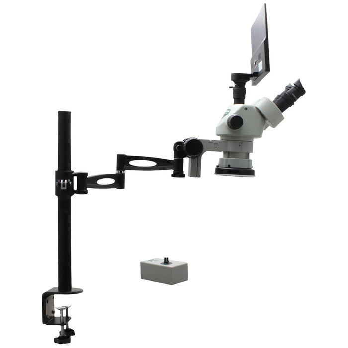 Stereo Zoom Microscope SPZV-50 [6.7x – 50x] on Compact Articulating Arm Stand with Mighty Cam Eidos Camera/Monitor