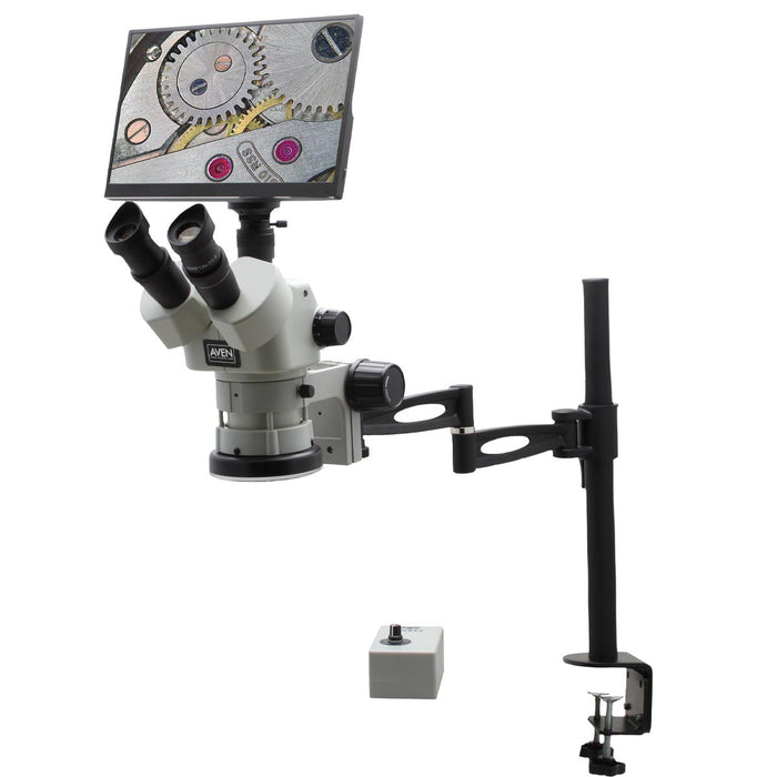 Stereo Zoom Microscope SPZV-50 [6.7x – 50x] on Compact Articulating Arm Stand with Mighty Cam Eidos Camera/Monitor