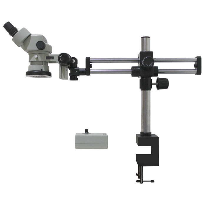 DSZ-44 Stereo Zoom Microscope [10x - 44x] on Dual Arm Boom Stand with Integrated Ring Light