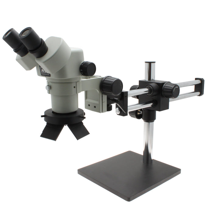 Stereo Zoom Binocular Micrscope SPZ-50 [6.75x-50x] on Double Arm Boom Stand with OLED Ring Light