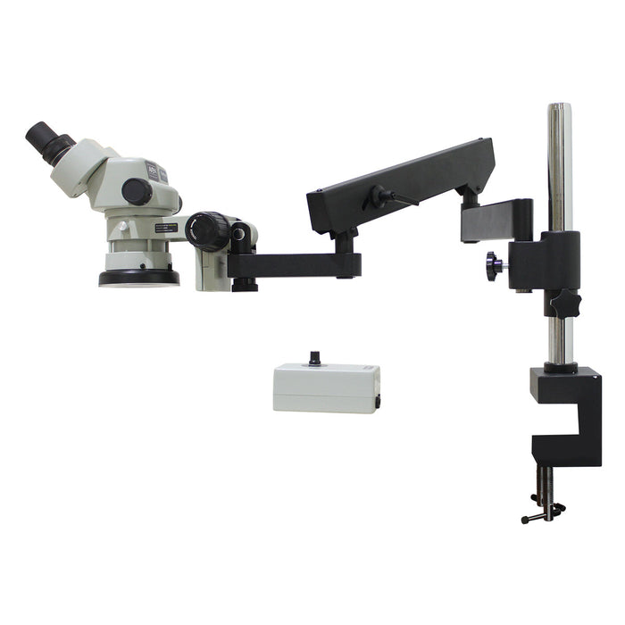 SPZ-50 Stereo Zoom Microscope [6.7x - 50x] on Articulating Arm Stand with Integrated Ring Light