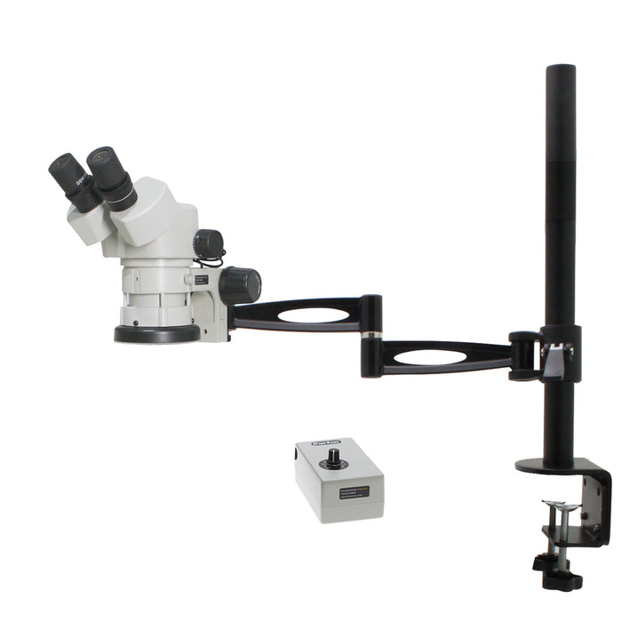 Stereo Zoom Binocular Microscope SPZ-50 [6.7x – 50x] on Compact Articulating Arm Stand with LED Ring Light