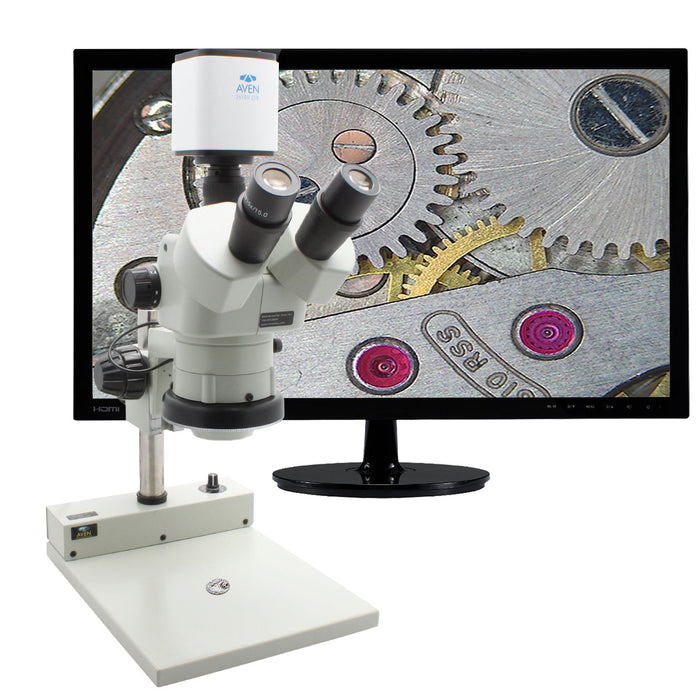 Stereo Zoom Trinocular Microscope SPZV-50 [6.7x - 50x] with Mighty Cam Pro on PLED Stand