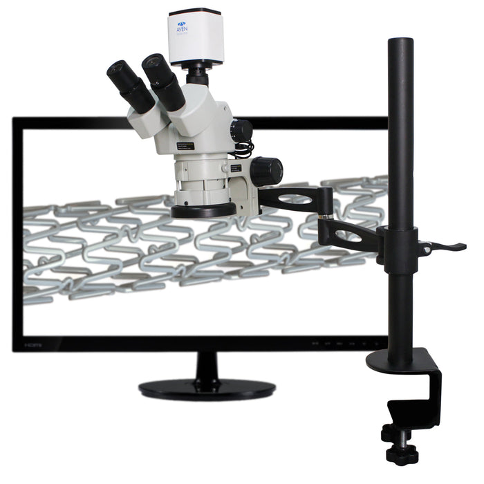 Stereo Zoom Microscope SPZV-50 [6.7x – 50x] with Mighty Cam Pro on Compact Articulating Arm Stand