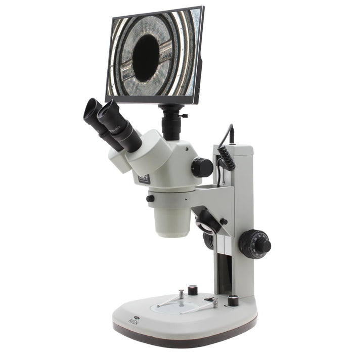 SPZV-50 Trinocular Stereo Zoom Microscope [6.7x - 50x] on Track Stand with Top and Bottom LEDs