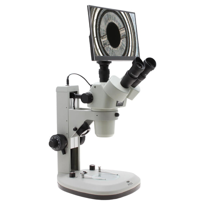 SPZV-50 Trinocular Stereo Zoom Microscope [6.7x - 50x] on Track Stand with Top and Bottom LEDs