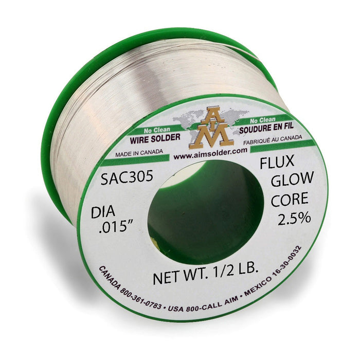 AIM SAC305 Glow Core 2.5% Lead Free No Clean Core Wire Solder .015" Diameter (24 rolls)