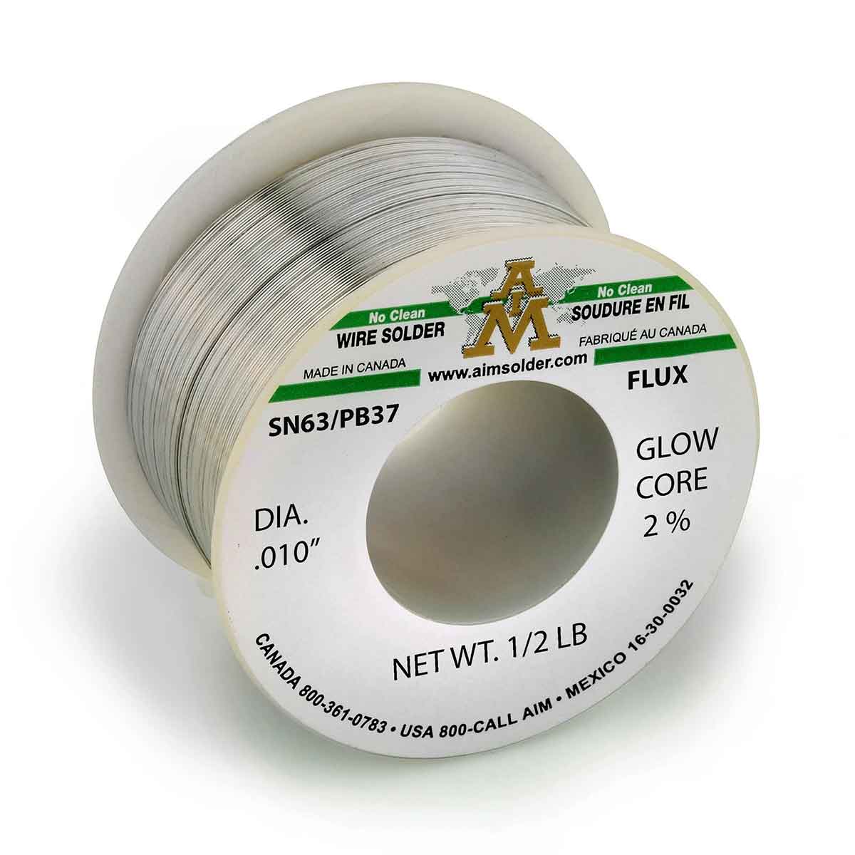 AIM SN63/PB37 Glow Core 2 No Clean Core Wire Solder .010" Diameter (2