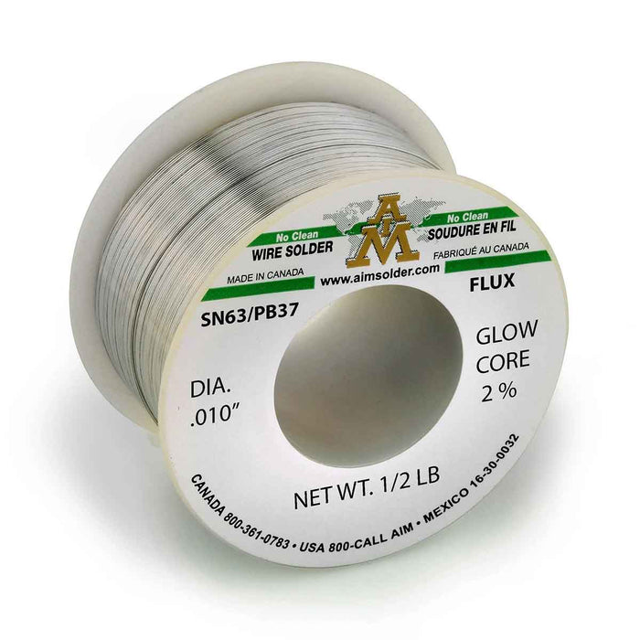 AIM SN63/PB37 Glow Core 2% No Clean Core Wire Solder .010" Diameter (24 rolls)