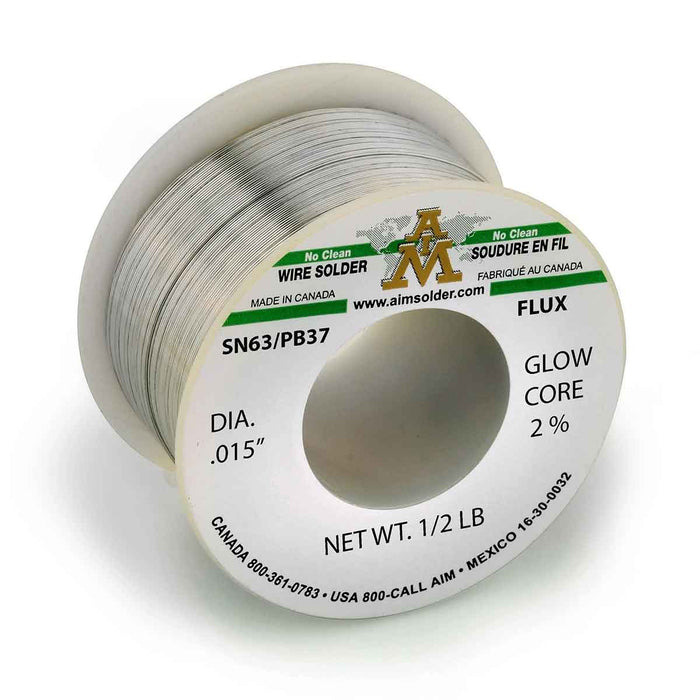 AIM SN63/PB37 Glow Core 2% No Clean Core Wire Solder .015" Diameter (24 rolls)