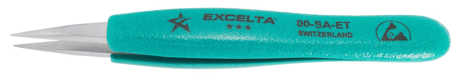 Excelta 00-SA-ET Swiss-Made ESD-Safe Neverust® Anti-Magnetic Stainless Steel Tweezer with Ergo-Tweeze® Handle & Straight, Strong, Medium Point Tips, 5.5" OAL