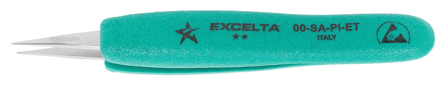 Excelta 00-SA-PI-ET Italian-Made ESD-Safe Anti-Magnetic Stainless Steel Tweezer with Ergo-Tweeze® Handle & Straight, Strong, Medium Point Tips, 5.5" OAL