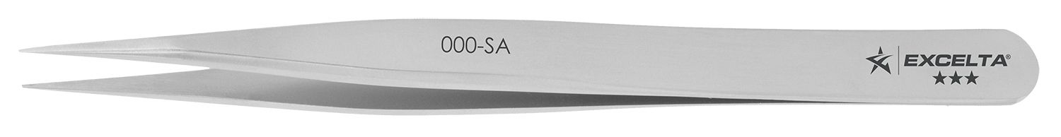 Excelta 000-SA Swiss-Made Neverust® Anti-Magnetic Stainless Steel Tweezer with Straight, Strong, Medium Point Radius Tips, 4.75" OAL