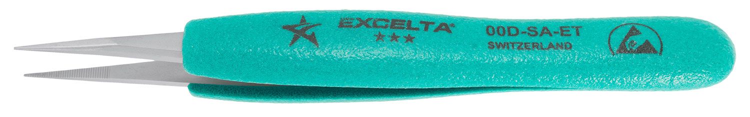 Excelta 00D-SA-ET Swiss-Made ESD-Safe Neverust® Anti-Magnetic Stainless Steel Tweezer with Ergo-Tweeze® Handle & Straight, Strong, Serrated Medium Point Tips, 5.25" OAL