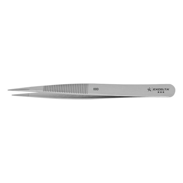 Excelta 00D Swiss-Made Conductive Carbon Steel Tweezer with Straight, Serrated, Medium Pointed Tips, 4.75" OAL