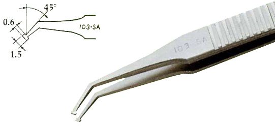 Excelta 103-SA Stainless Steel Rectangular SMD Component Handling Tweezer with 45° Angled, Long, Paddle Tips