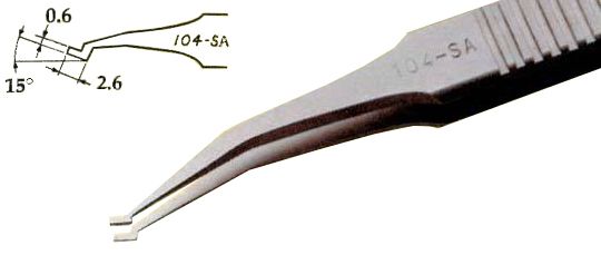 Excelta 104-SA Stainless Steel Rectangular SMD Component Handling Tweezer with 15° Angled, Wide Pointed, Paddle Tips