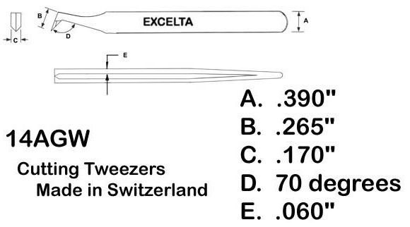 Excelta 14A-GW Lightweight Thin Body, Miniature Head Carbon Steel Cutting Tweezers with 80° Angled Tips, for 0.010" Soft Wire