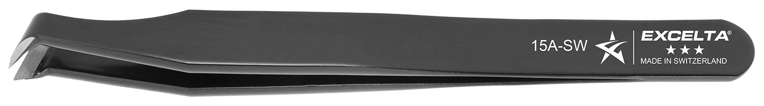 Excelta 15A-SW Swiss-Made ESD-Safe Carbon Steel Cutting Tweezer with 70° Angulated, Radius Edge, Round Face Tips, 4.5" OAL