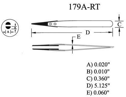 Excelta 179A-RT ESD-Safe Neverust® Stainless Steel Tweezers with Finger Grips & Replaceable Straight, Pointed Copolymer Tips