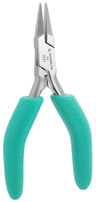 Excelta 2642 ESD-Safe Duck-Billed Small Flat Nose Stainless Steel Pliers with Smooth Jaw & TealShield™ Cushion Grip Handles, 4.75" OAL