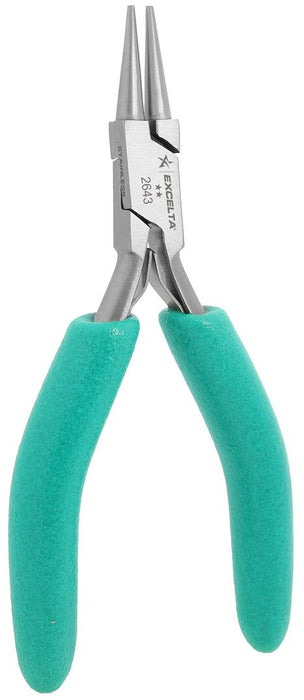 Excelta 2643 ESD-Safe Small Round Nose Stainless Steel Pliers with Smooth Jaw & TealShield™ Cushion Grip Handles, 4.75" OAL