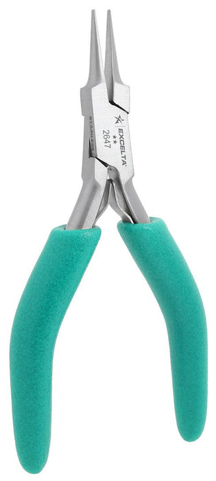 Excelta 2647 ESD-Safe Small Tapered Needle Nose Stainless Steel Pliers with Smooth Jaw & TealShield™ Cushion Grip Handles, 4.75" OAL