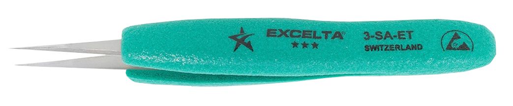 Excelta 3-SA-ET ESD-Safe Neverust® Stainless Steel Tweezer with Ergo-Tweeze® Handle & Straight, Very Fine, Pointed Tips