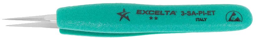 Excelta 3-SA-PI-ET ESD-Safe Neverust® Stainless Steel Tweezers with Ergo-Tweeze® TealShield™ Grips & Straight, Very Fine, Pointed Tips