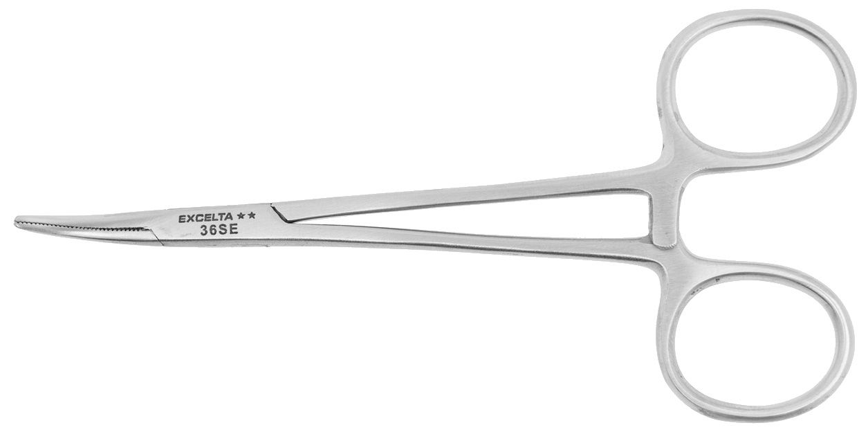 Excelta 36-SE Cleanroom-Safe Stainless Steel Locking Hemostat with 25° Curved, Serrated Jaw, 5.0" OAL