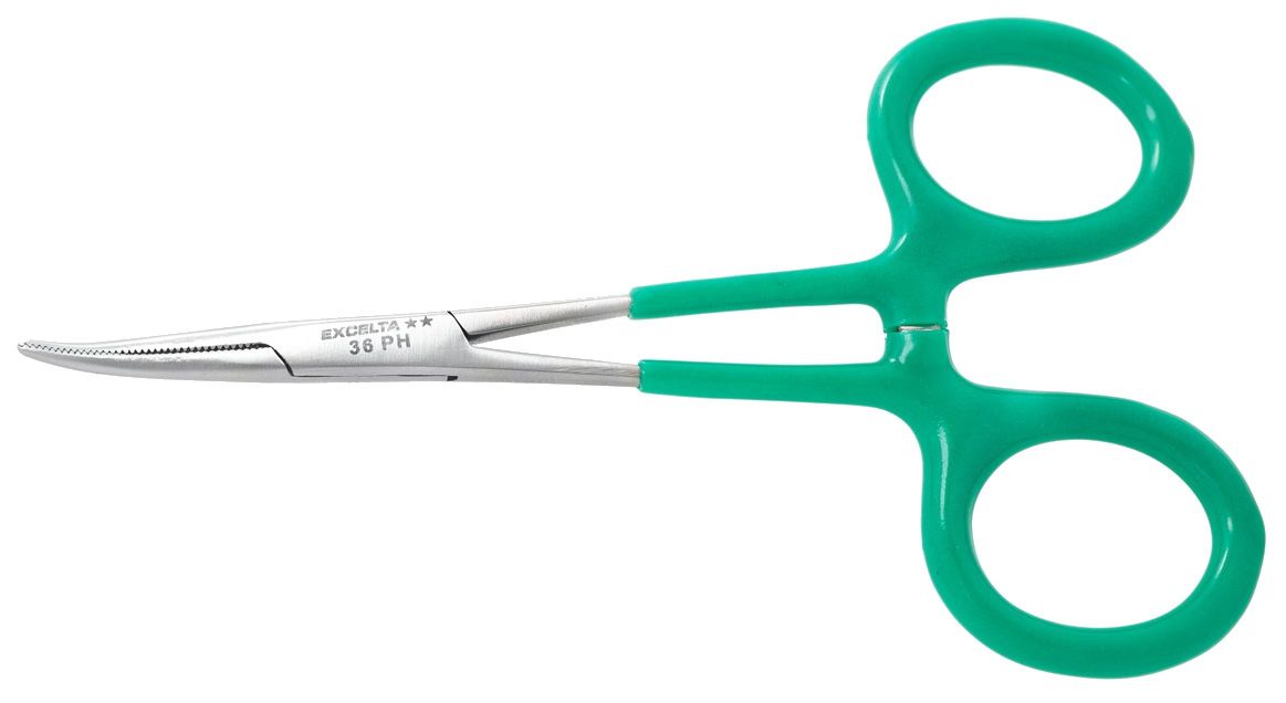 Excelta 36PH Stainless Steel Locking Hemostat with Vinyl Coated Handles & 25° Curved, Serrated Jaw, 5.0" OAL