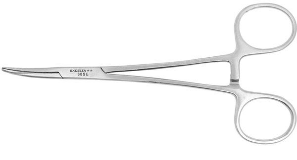 Excelta 38-SE Stainless Steel Hemostat with 25° Curved Nose & Serrated Jaws, 6" OAL