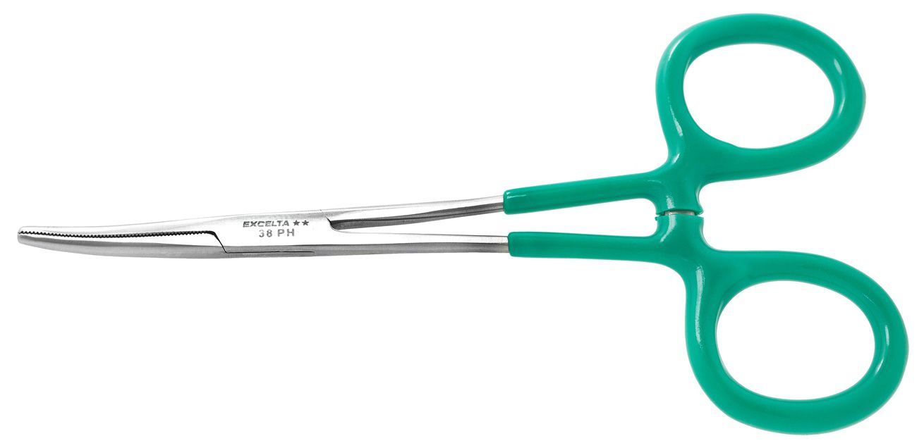 Excelta 38PH Stainless Steel Locking Hemostat with Vinyl Coated Handles & 30° Curved, Serrated Jaw, 6.0" OAL